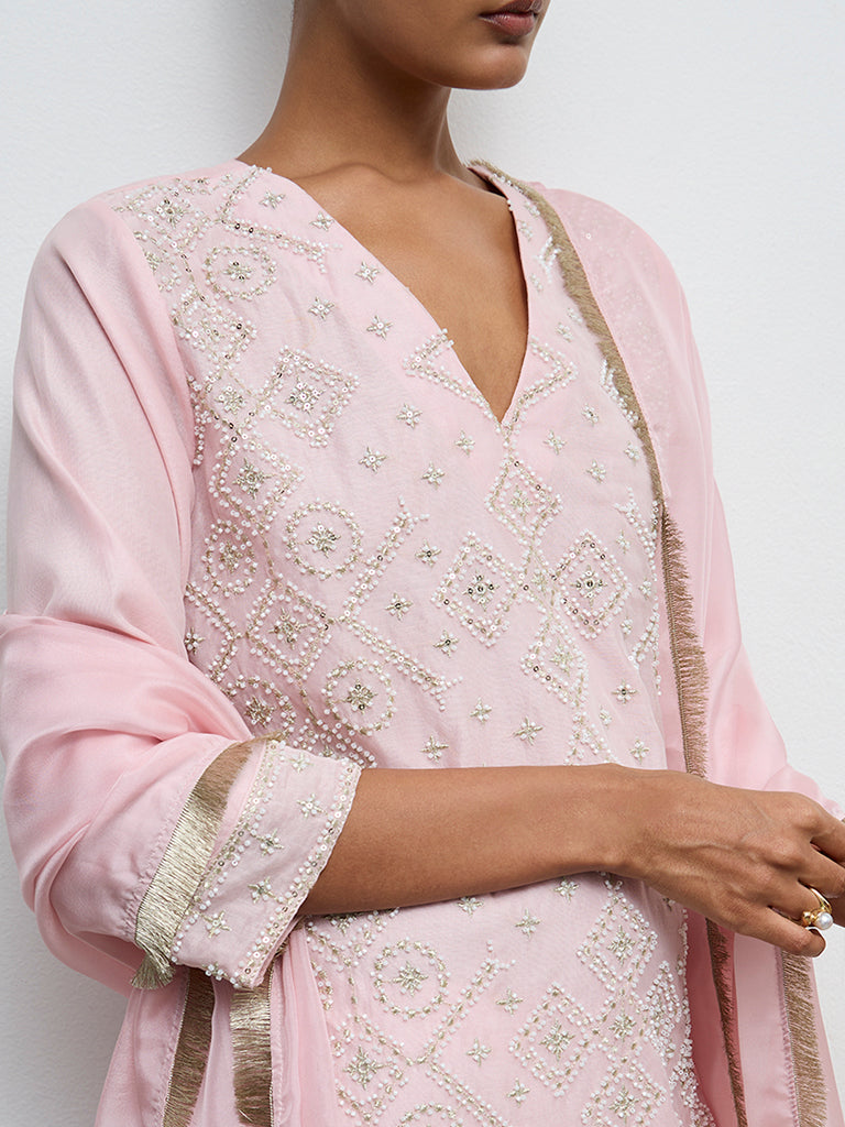 Vark Light Pink Embellished Cotton-Blend Ethnic Set