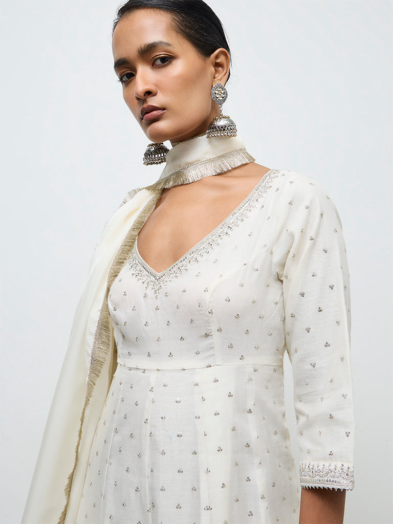 Vark Ivory Embellished Ethnic Cotton-Blend Anarkali Set
