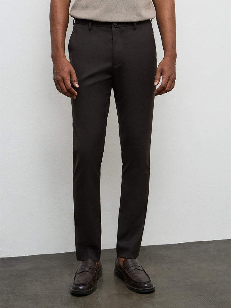 WES Formals Dark Brown Ultra Slim-Fit Mid-Rise Trousers