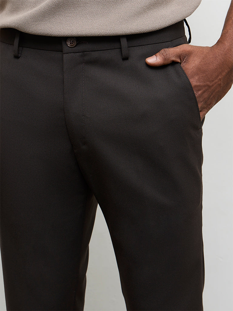 WES Formals Dark Brown Ultra Slim-Fit Mid-Rise Trousers