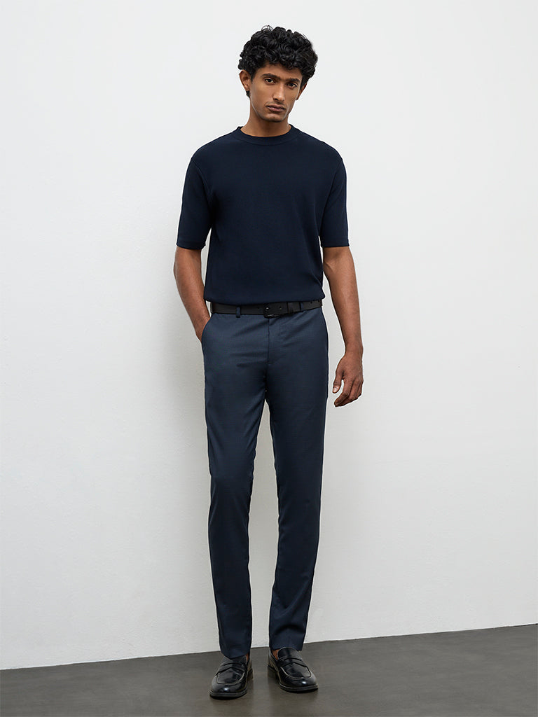 WES Formals Navy Solid Ultra Slim-Fit Mid-Rise Trousers