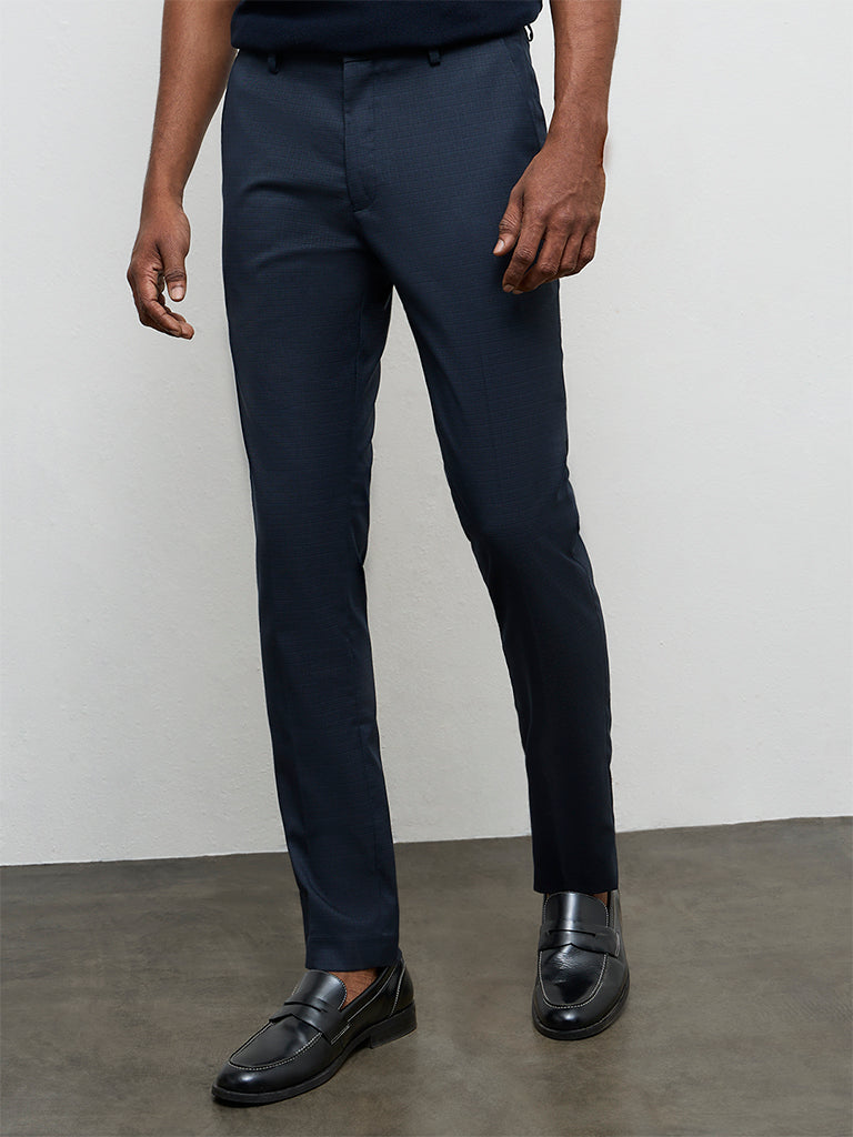 WES Formals Navy Solid Ultra Slim-Fit Mid-Rise Trousers
