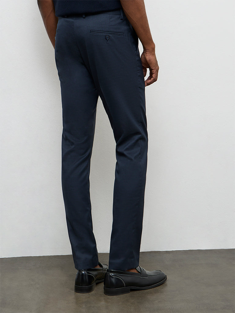 WES Formals Navy Solid Ultra Slim-Fit Mid-Rise Trousers