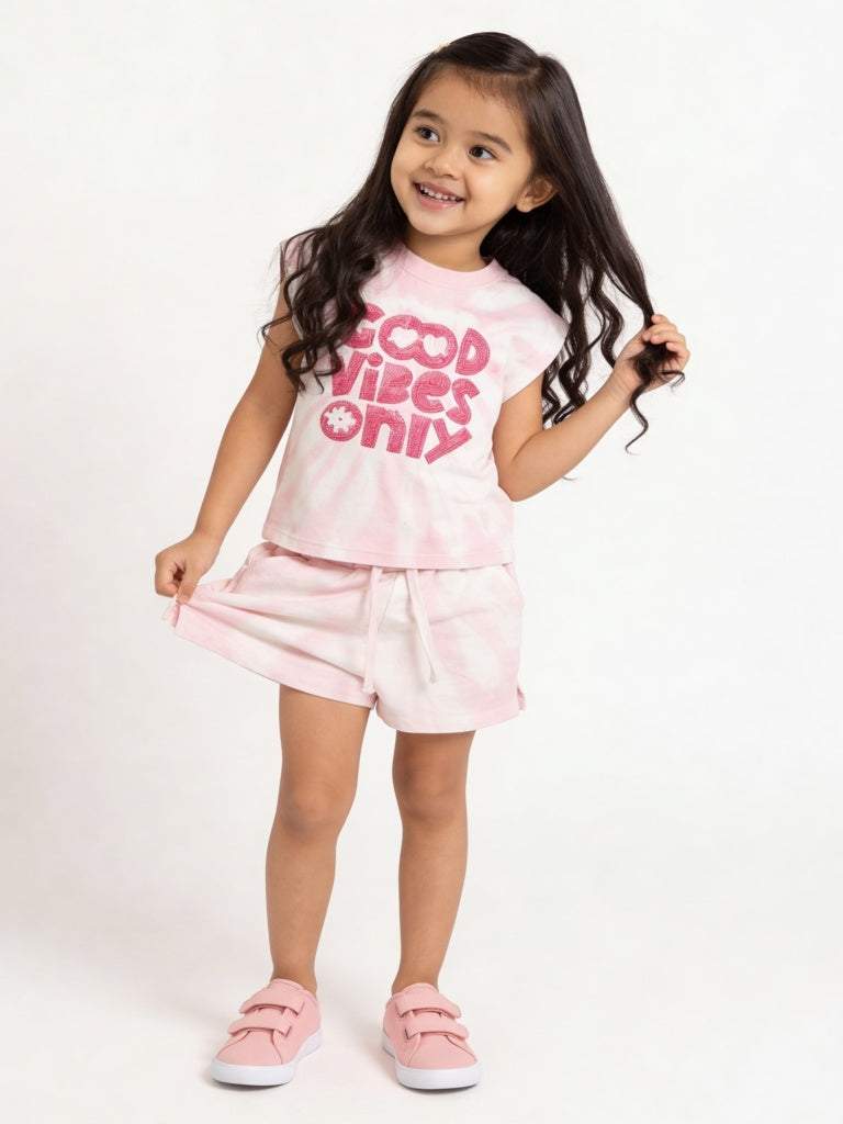 HOP Kids Girls Pink Embellished Cotton-Blend Top and Shorts Set