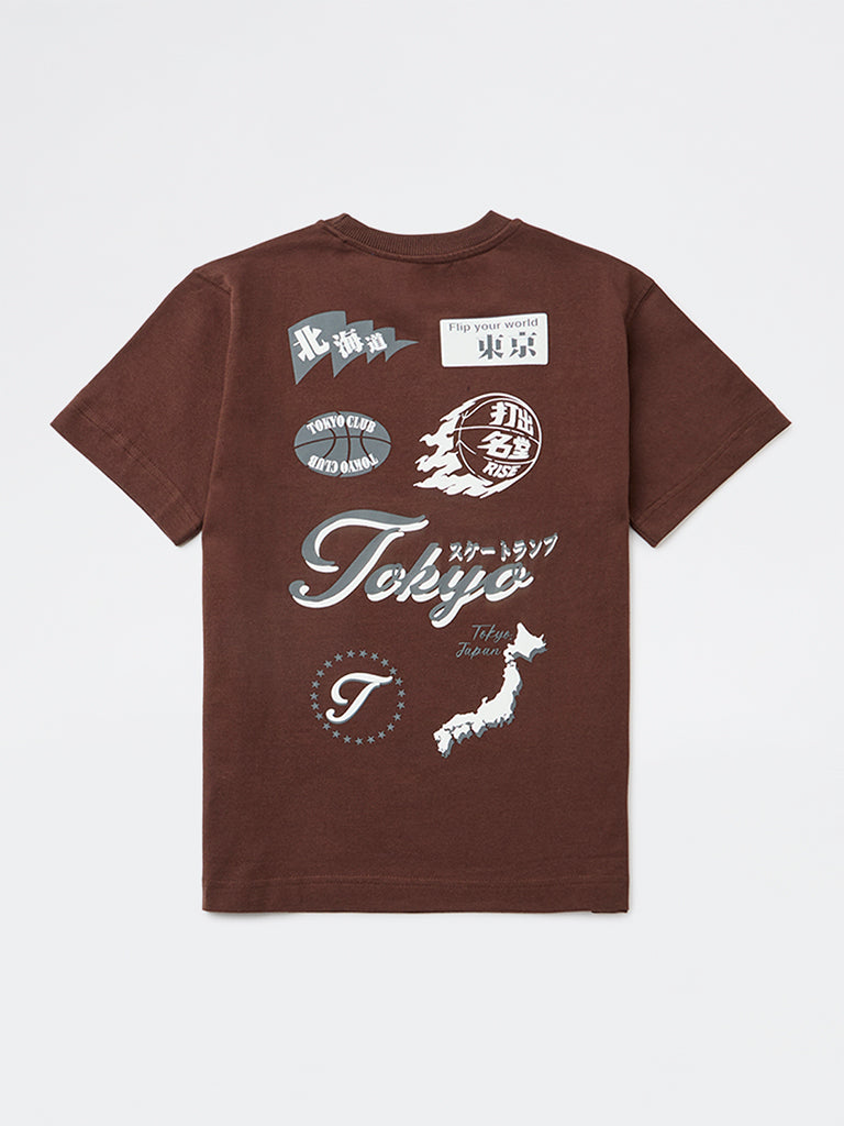 Boys Dark Brown Graphic Printed Cotton T-Shirt