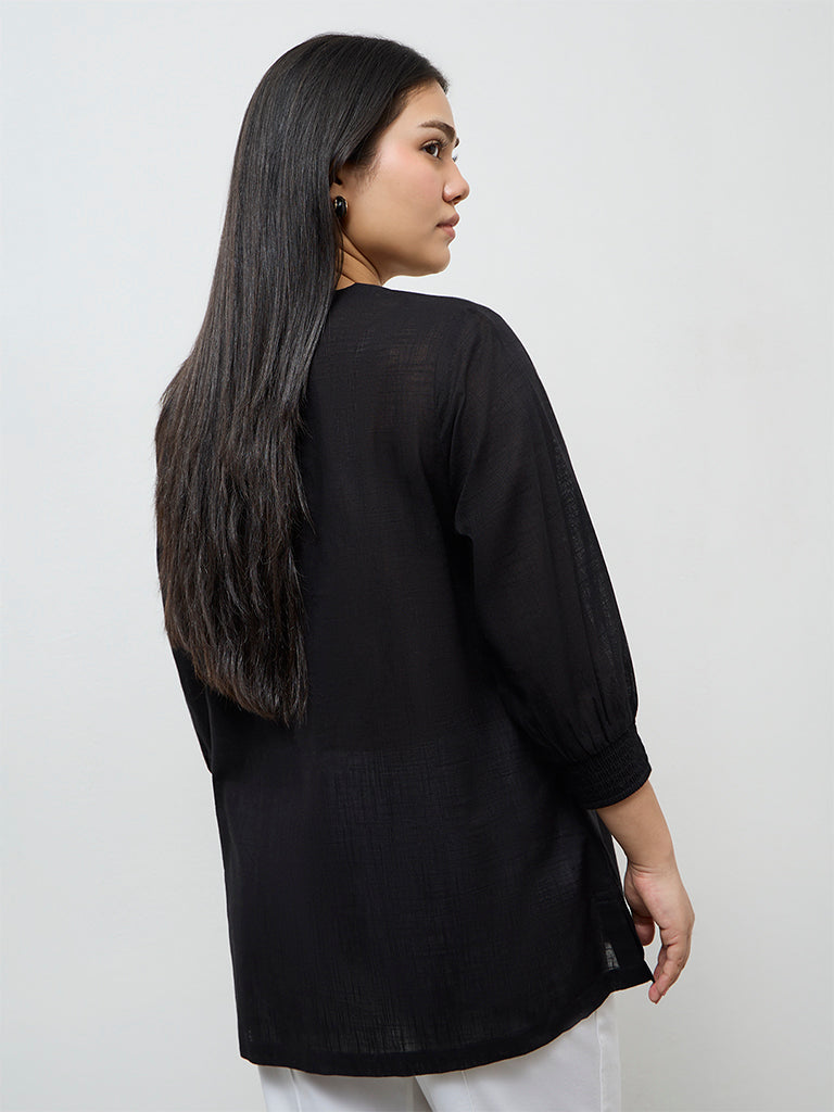 Diza Black Floral Embroidered Cotton A-Line Tunic