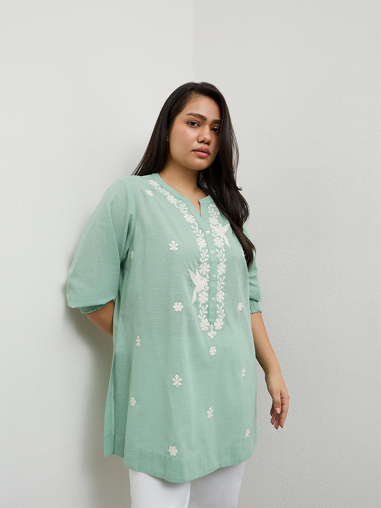 Diza Turquoise Embroidered Cotton Tunic