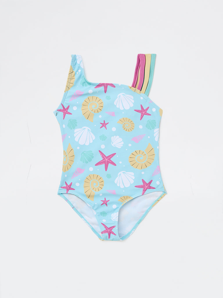 HOP Kids Girls Blue Printed Swimsuit
