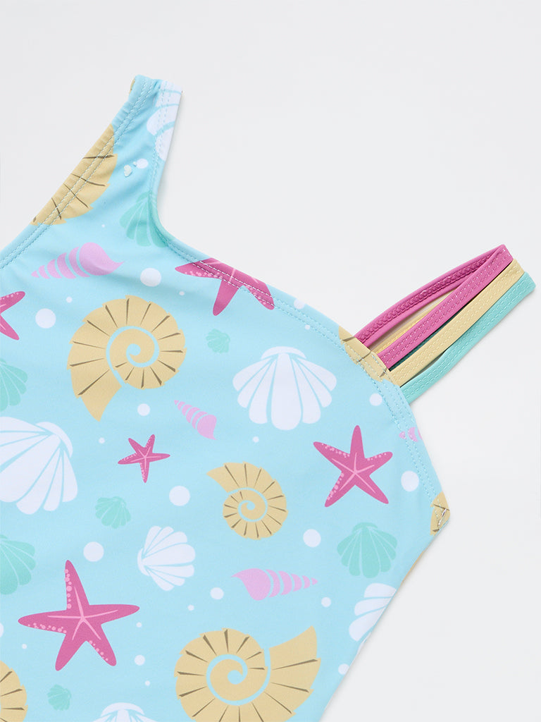HOP Kids Girls Blue Printed Swimsuit