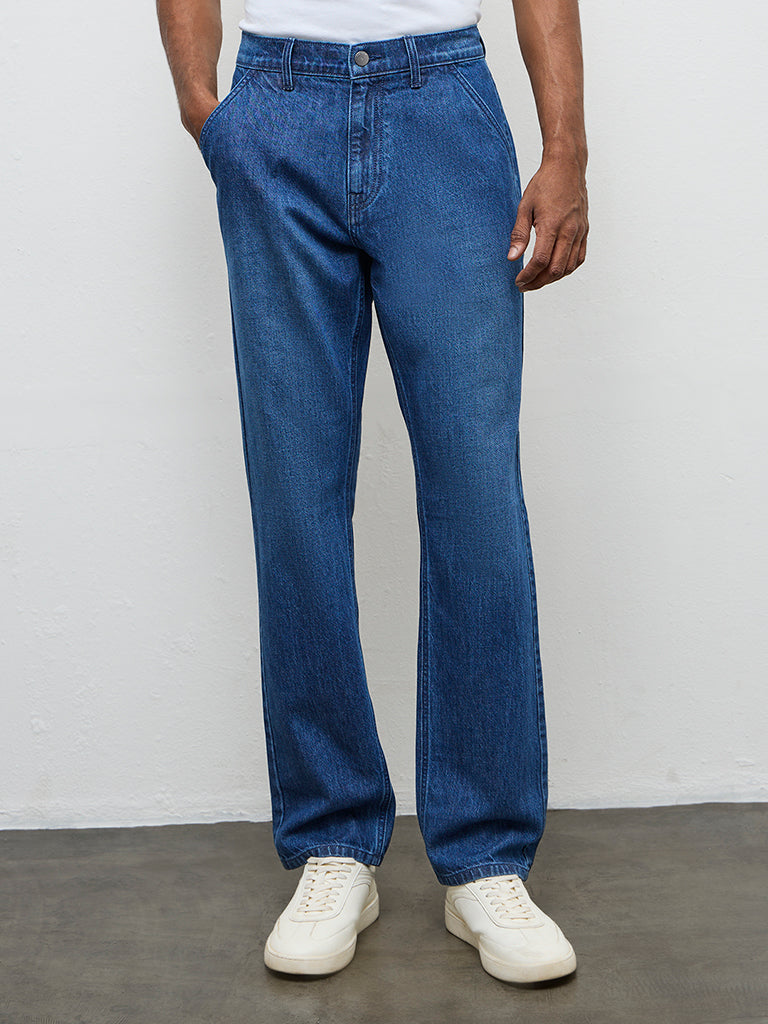 WES Casuals Blue Relaxed-Fit Mid-Rise Jeans