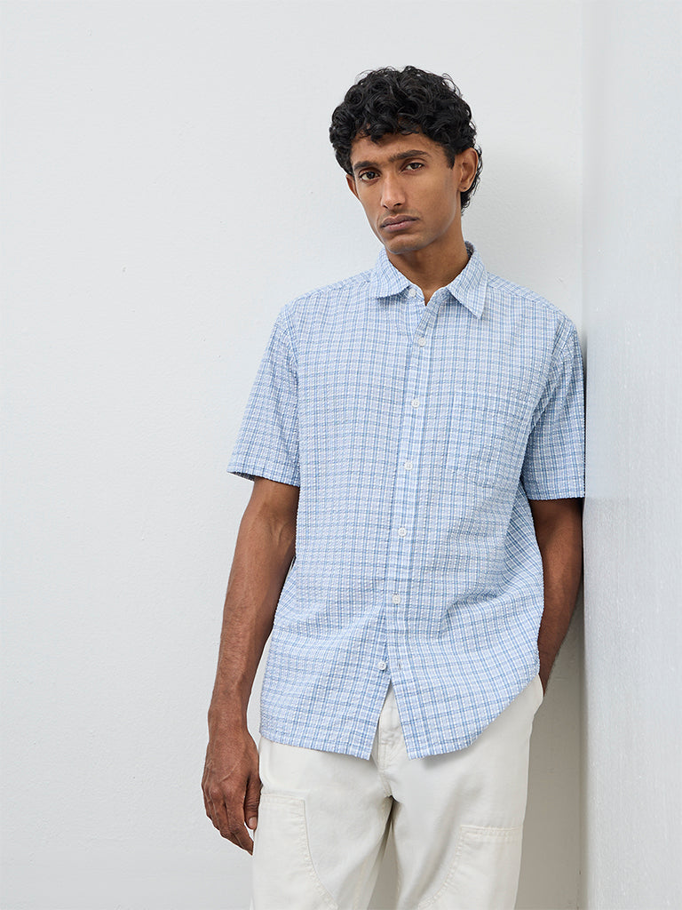WES Casuals Light Blue Check Relaxed Fit Cotton Shirt