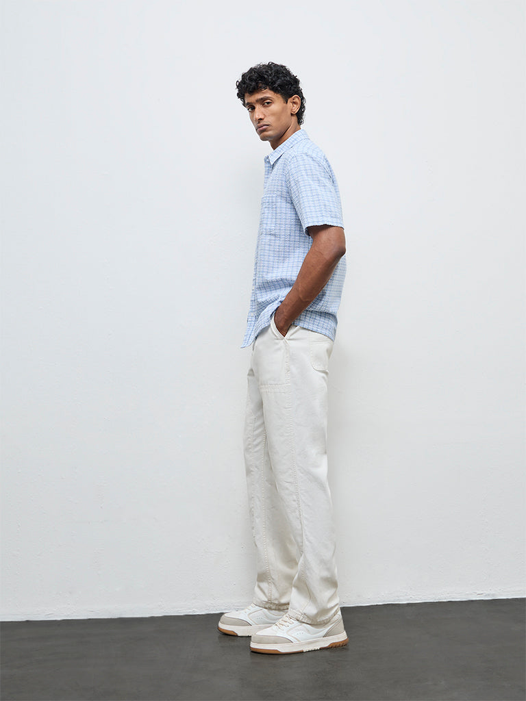 WES Casuals Light Blue Check Relaxed Fit Cotton Shirt
