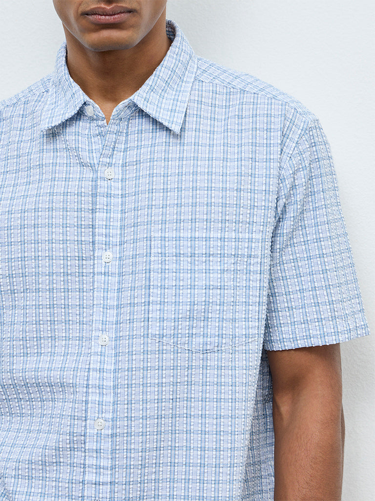 WES Casuals Light Blue Check Relaxed Fit Cotton Shirt