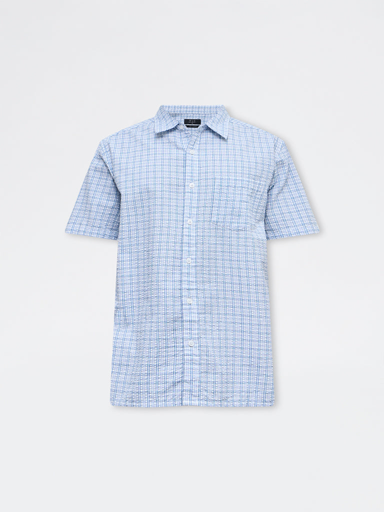 WES Casuals Light Blue Check Relaxed Fit Cotton Shirt