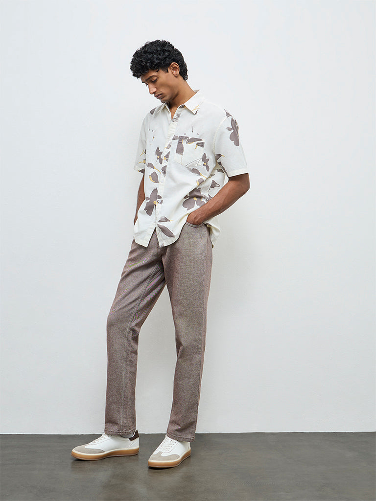 WES Casuals Off-White Printed Relaxed Fit Cotton-Blend Shirt