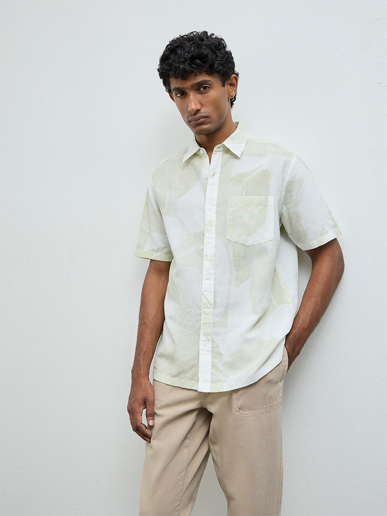 WES Casuals Off-White Printed Relaxed Fit Cotton-Blend Shirt