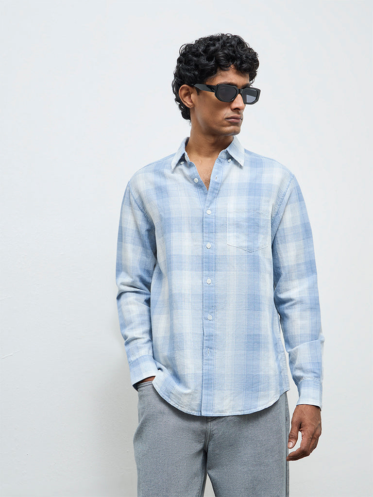 WES Casuals Light Blue Check Relaxed Fit Cotton-Blend Shirt