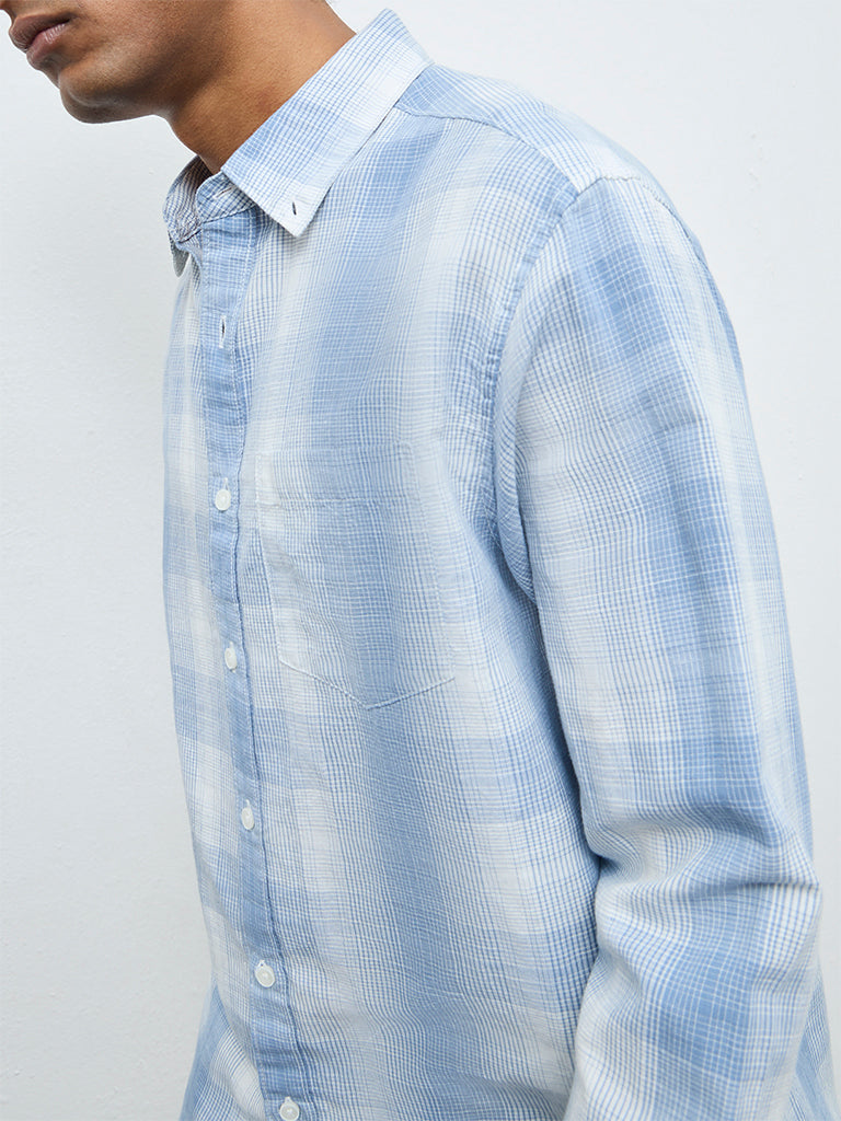 WES Casuals Light Blue Check Relaxed Fit Cotton-Blend Shirt