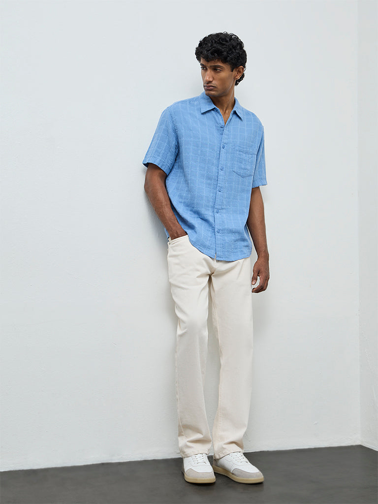WES Casuals Blue Self-Textured Relaxed-Fit Cotton Shirt