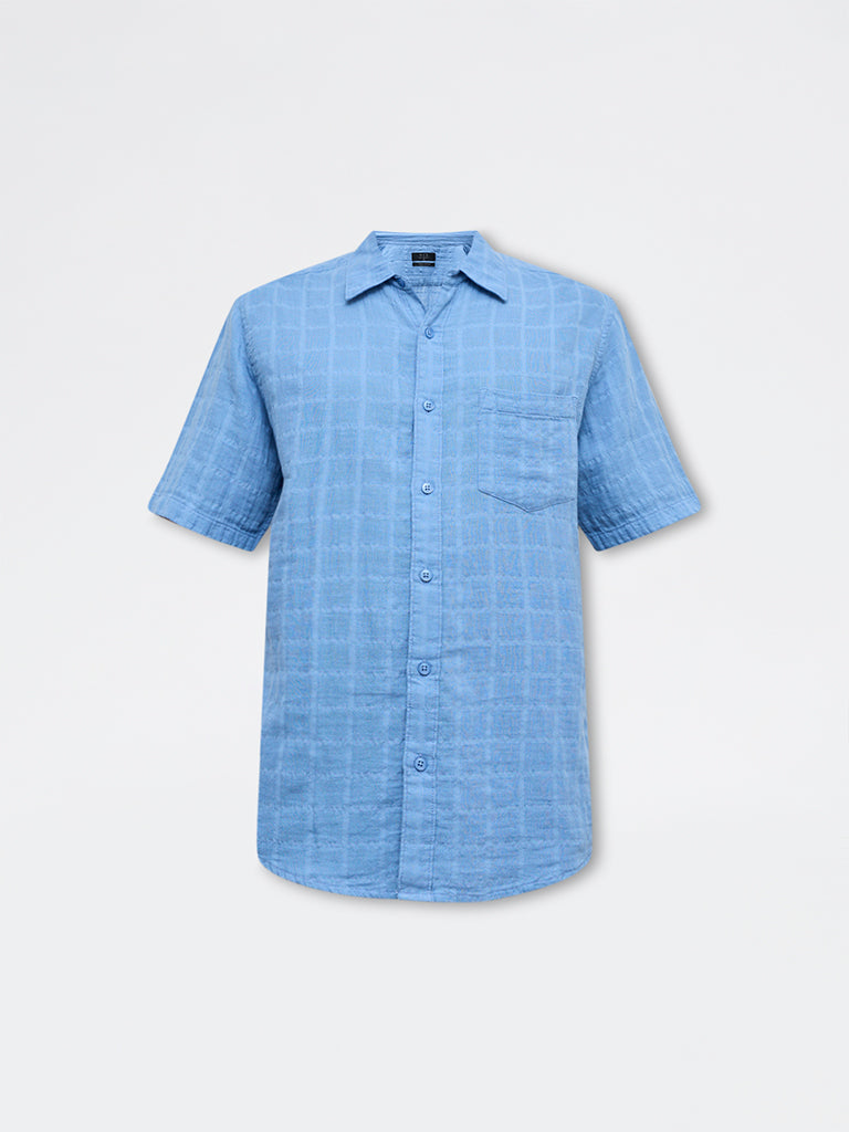 WES Casuals Blue Self-Textured Relaxed-Fit Cotton Shirt