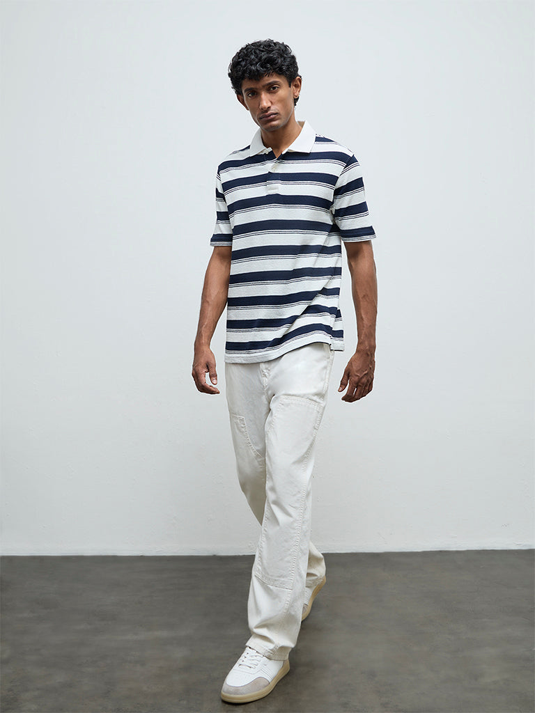 WES Casuals Navy Striped Relaxed-Fit Cotton-Blend Polo T-Shirt
