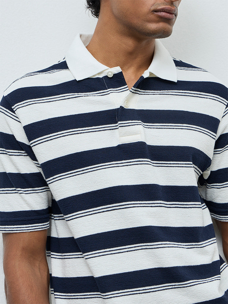 WES Casuals Navy Striped Relaxed-Fit Cotton-Blend Polo T-Shirt