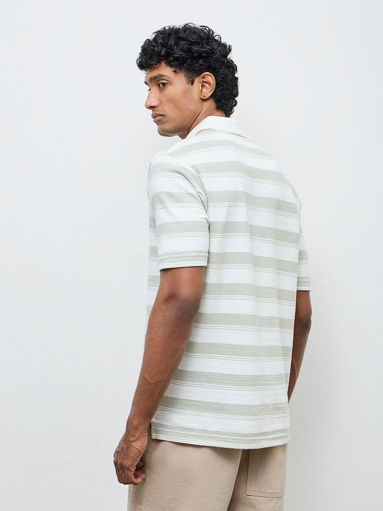 WES Casuals Off-White Striped Relaxed Fit Cotton-Blend Polo T-Shirt