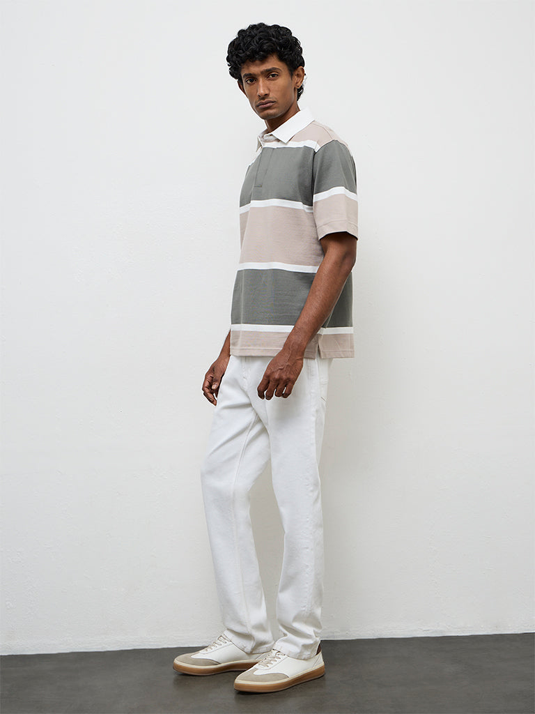 WES Casuals Sage Striped Relaxed Fit Polo Cotton-Blend T-Shirt