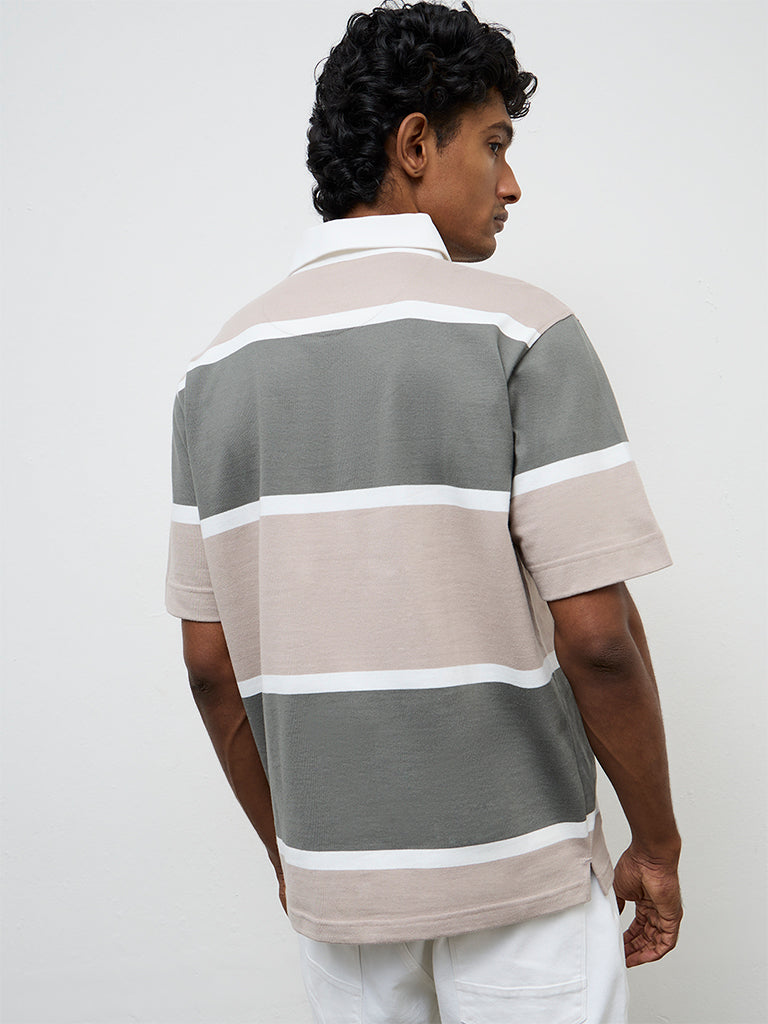 WES Casuals Sage Striped Relaxed Fit Polo Cotton-Blend T-Shirt