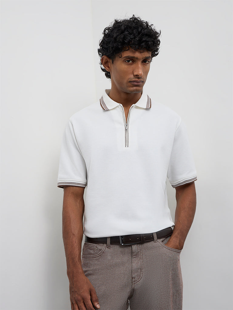 WES Casuals Off-White Relaxed-Fit Quarter-Zip Polo T-Shirt
