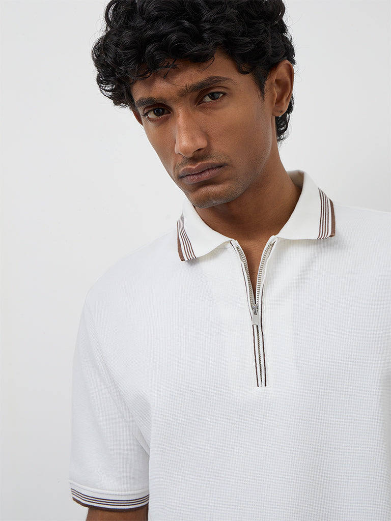 WES Casuals Off-White Relaxed-Fit Quarter-Zip Polo T-Shirt