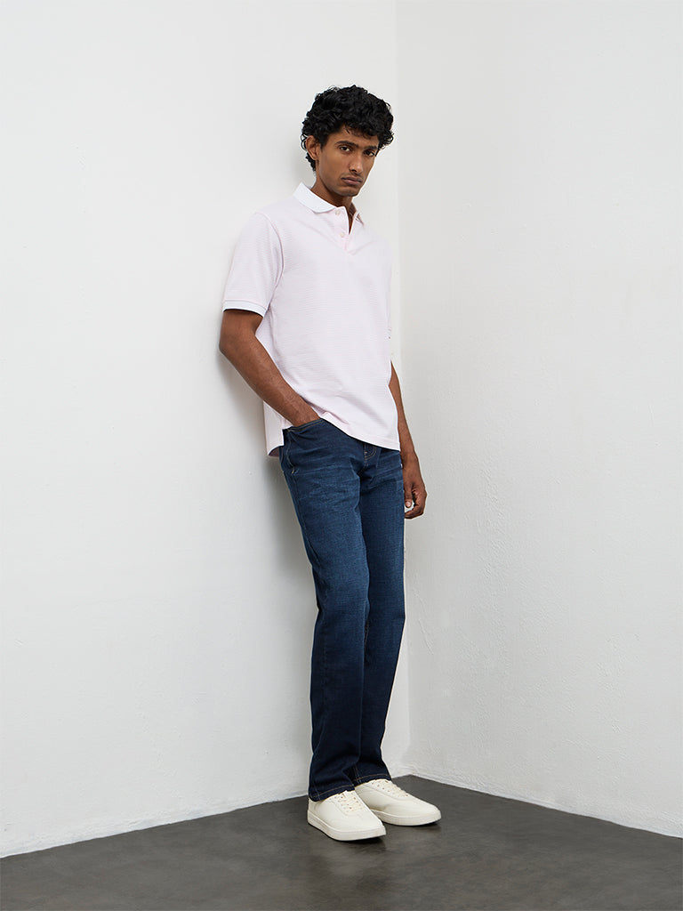 WES Casuals Pink Striped Relaxed-Fit Polo Cotton-Blend T-Shirt