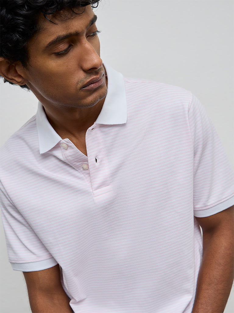 WES Casuals Pink Striped Relaxed-Fit Polo Cotton-Blend T-Shirt
