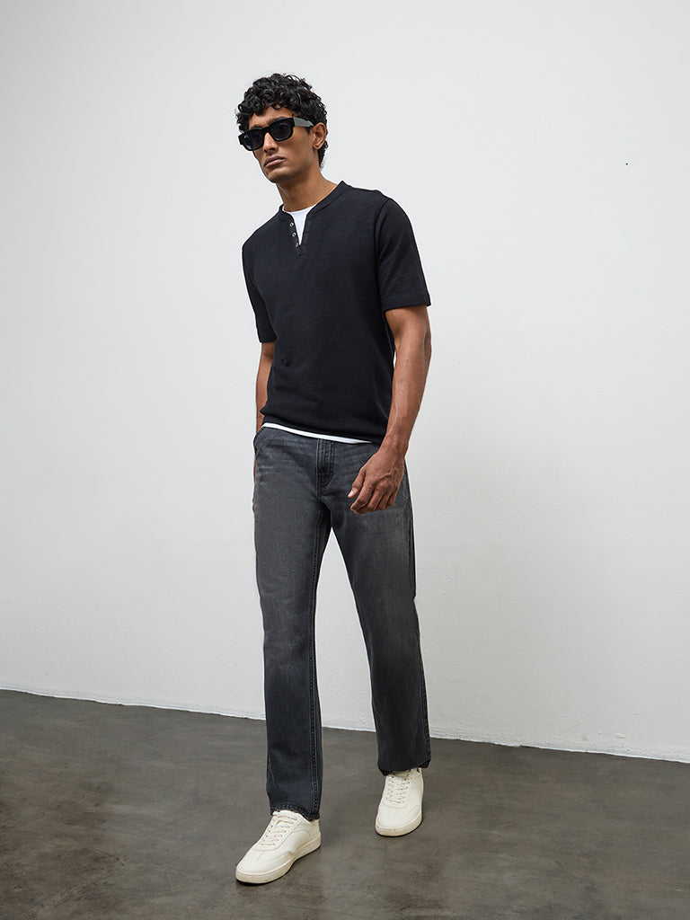 WES Casuals Black Solid Textured Relaxed-Fit Cotton T-Shirt