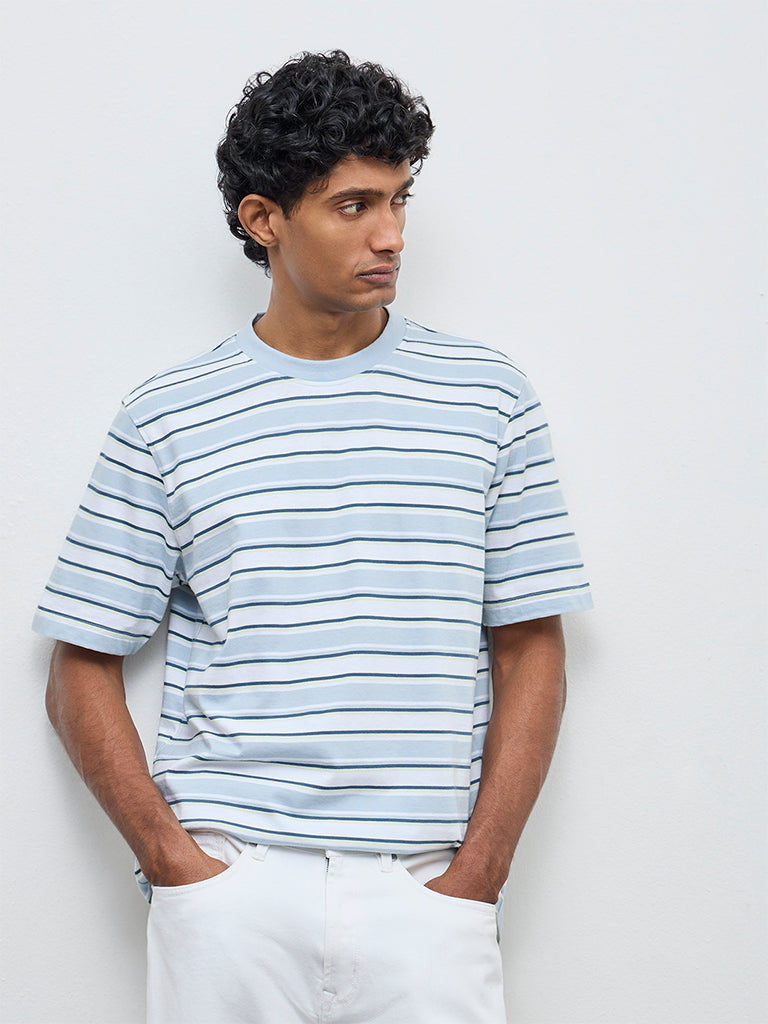 WES Casuals Light Blue Striped Relaxed Fit Cotton T-Shirt