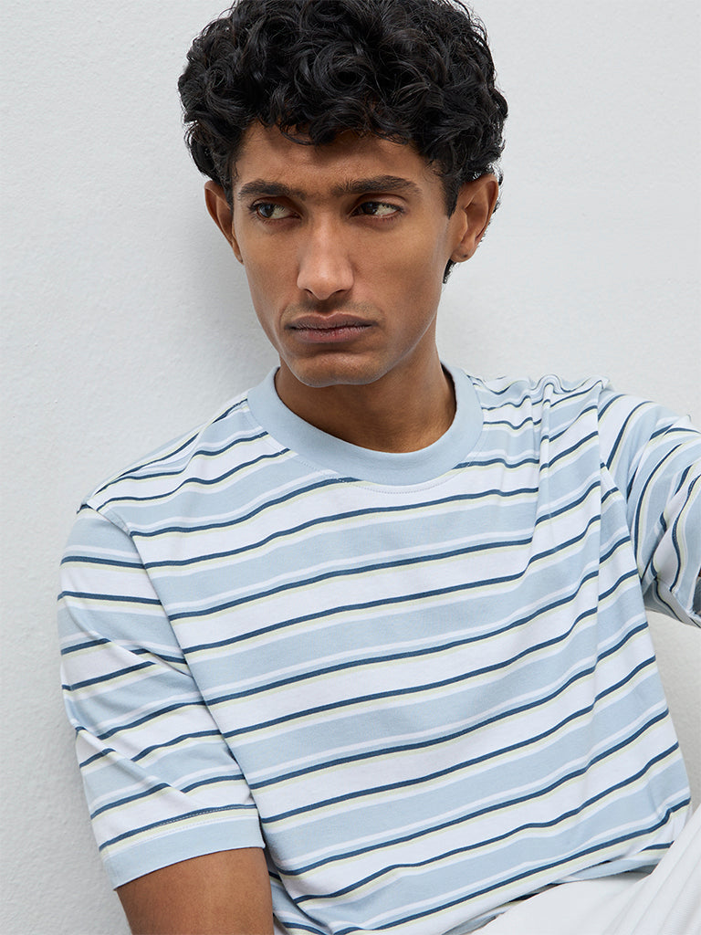 WES Casuals Light Blue Striped Relaxed Fit Cotton T-Shirt