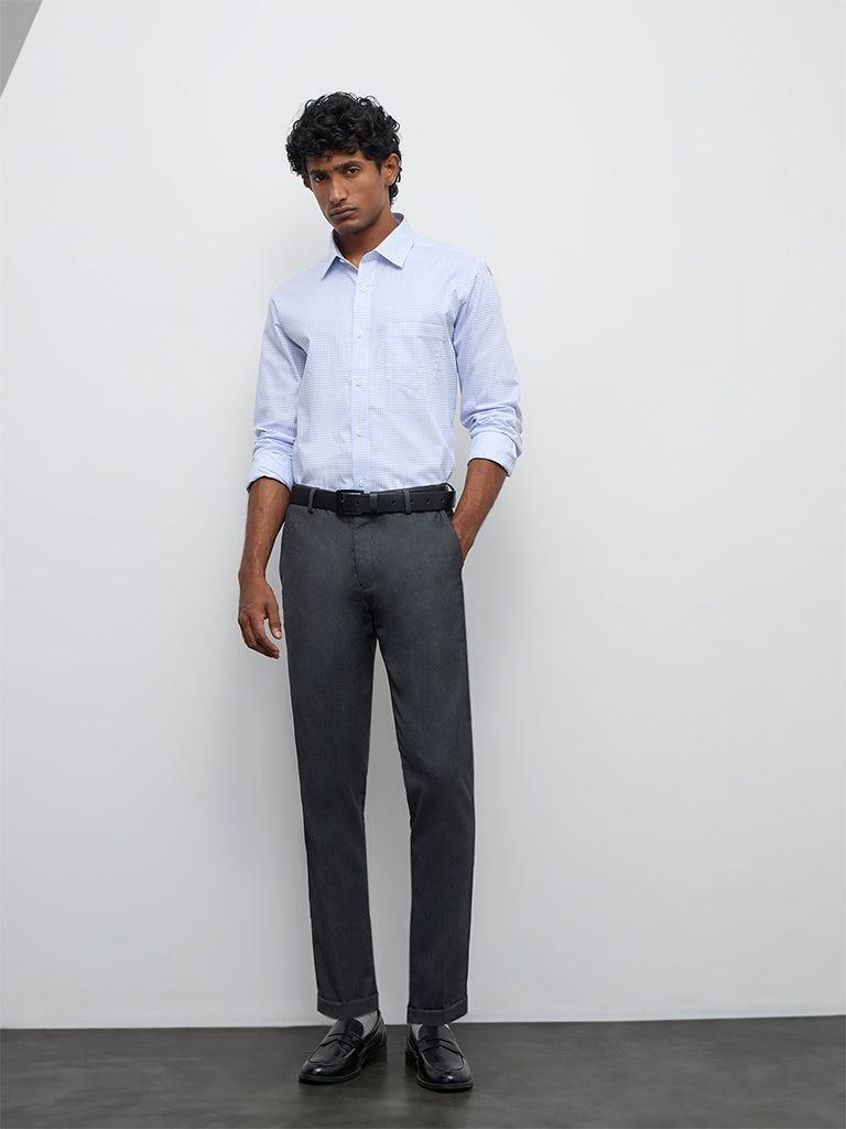 WES Formals Blue Checks Printed Relaxed-Fit Cotton T-Shirt