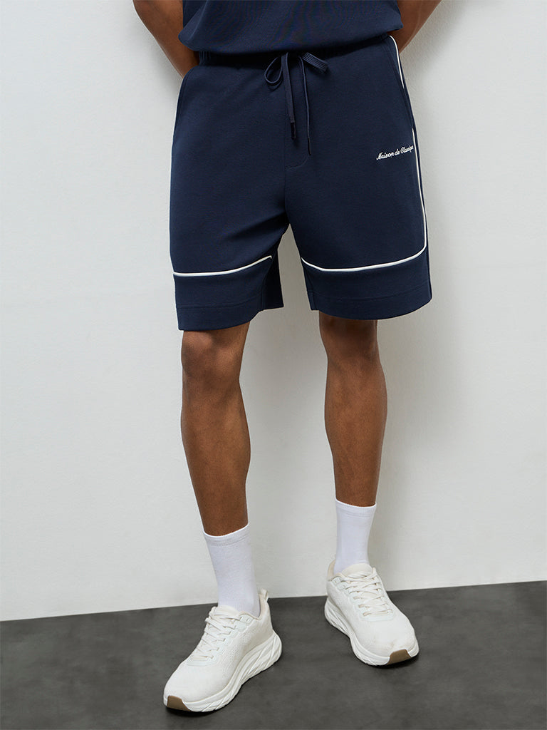 Nuoflexx Navy Text-Detailed Relaxed-Fit Mid-Rise Shorts