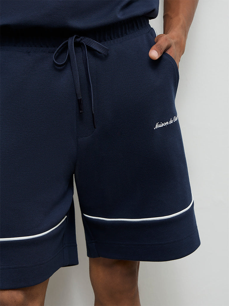 Nuoflexx Navy Text-Detailed Relaxed-Fit Mid-Rise Shorts