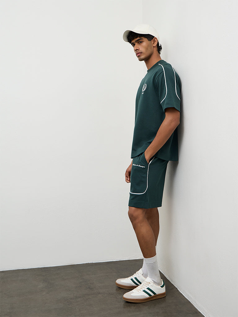 Nuoflexx Green Text-Printed Relaxed Fit Mid-Rise Cotton-Blend Shorts
