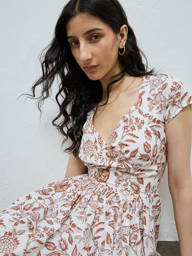 Bombay Paisley Off-White Foliage Printed Cotton A-Line Dress