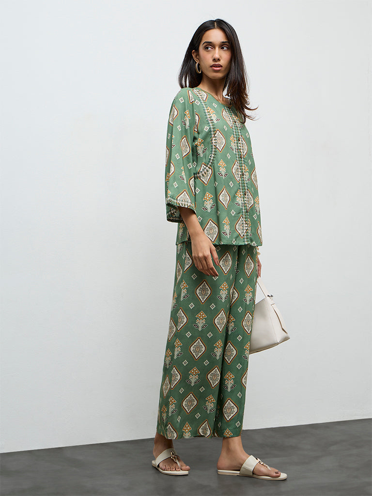 Utsa Olive Printed Palazzos