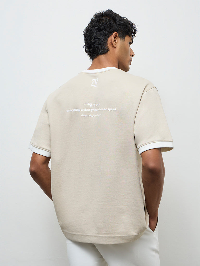 Nuoflexx Beige Text Printed Relaxed-Fit T-Shirt