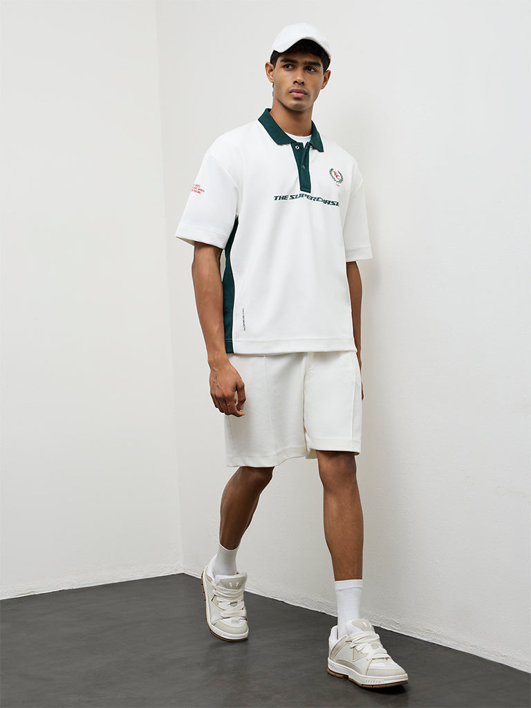 Nuoflexx White Printed Relaxed-Fit Cotton-Blend Polo T-Shirt