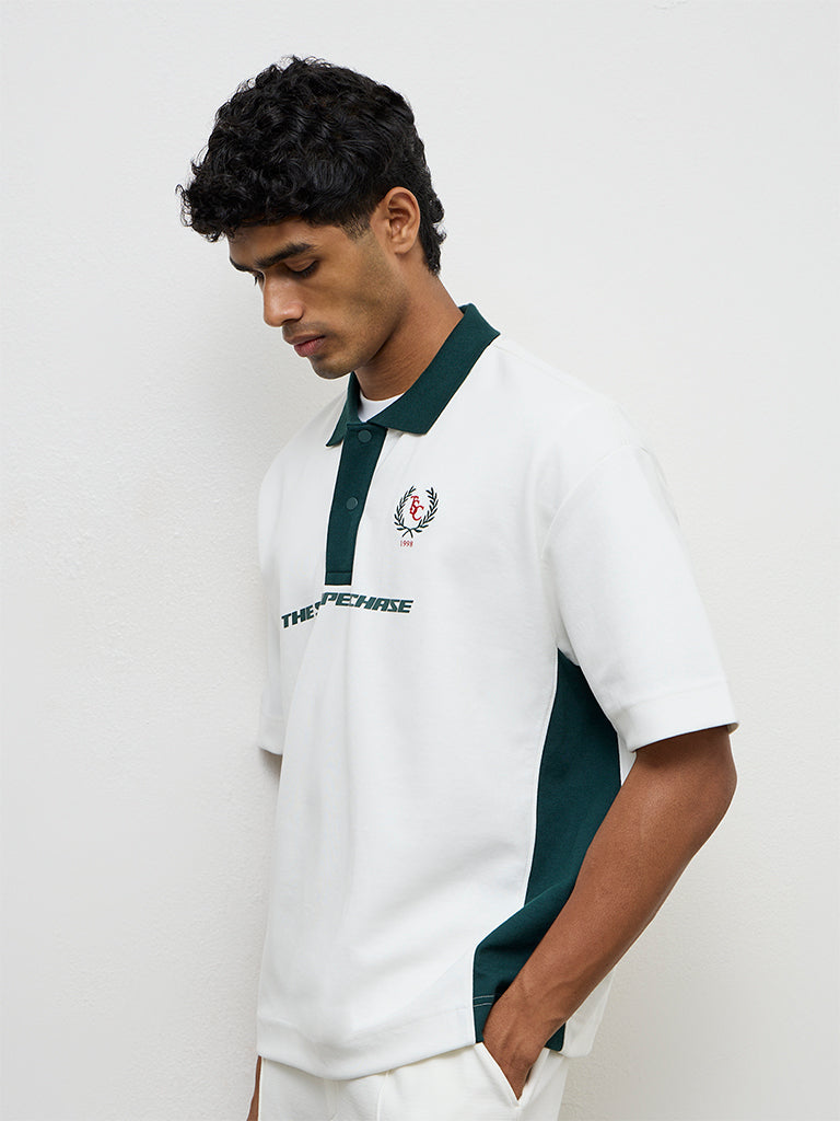 Nuoflexx White Printed Relaxed-Fit Cotton-Blend Polo T-Shirt