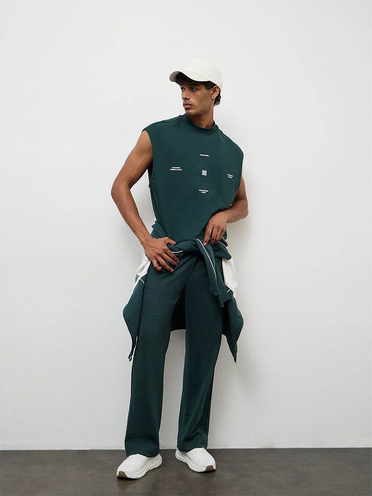 Nuoflexx Green Text-Embossed Relaxed Fit Cotton-Blend T-Shirt