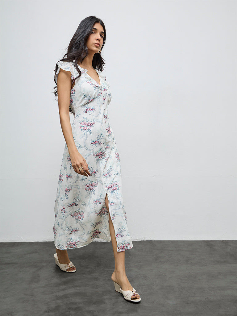 LOV White Floral Design A-Line Dress