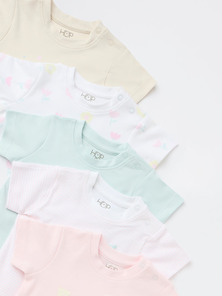 HOP Baby Girls Multicolour Cotton T-Shirt - Pack of 5