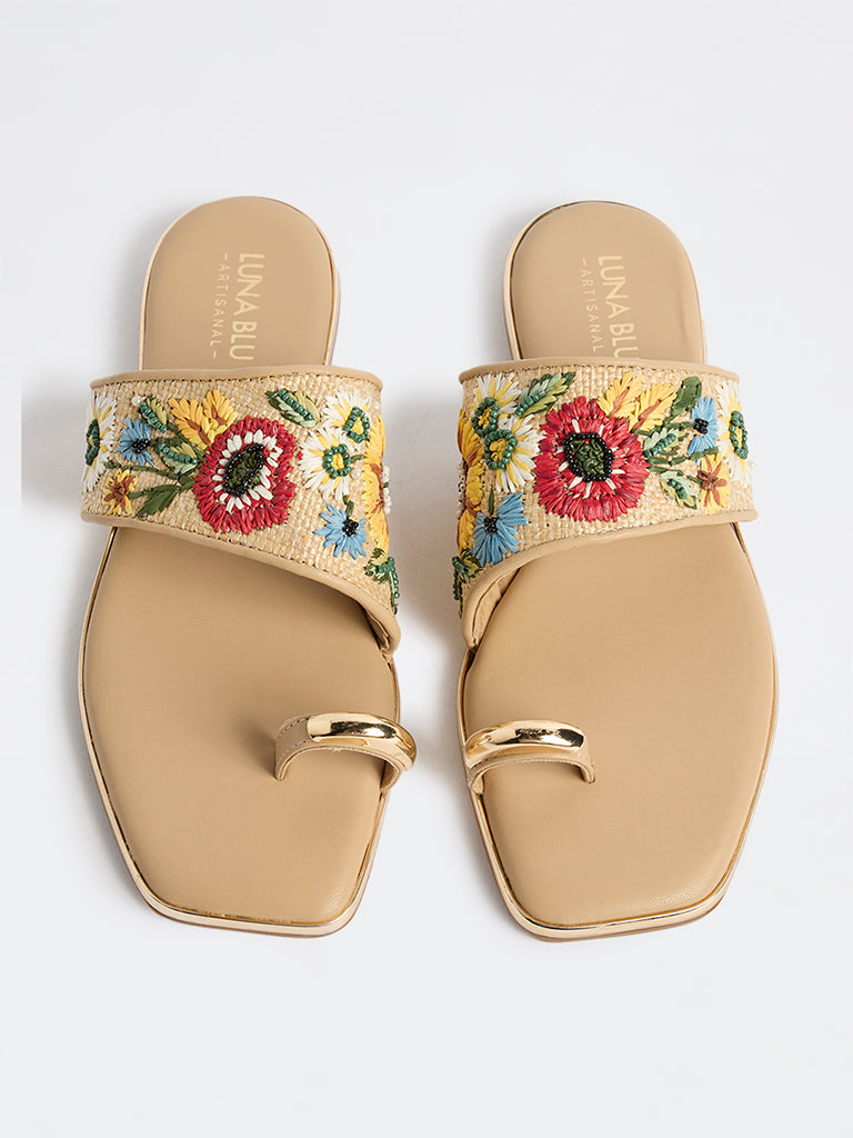LUNA BLU Beige Embroidered Toe-Ring Sandals