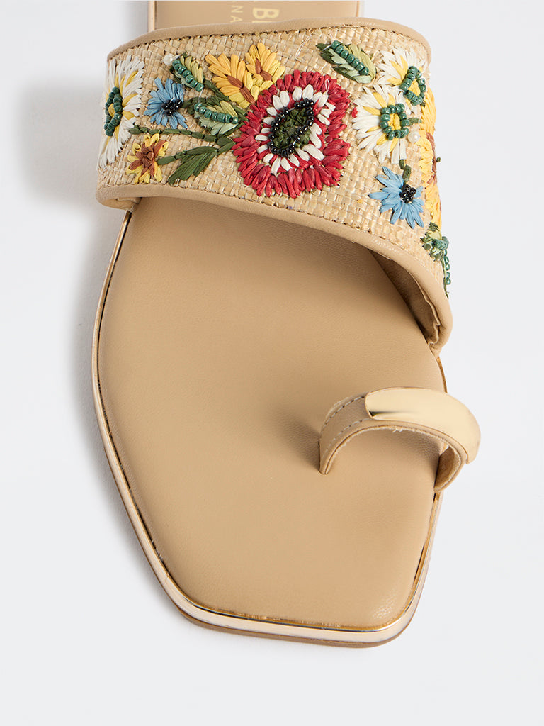 LUNA BLU Beige Embroidered Toe-Ring Sandals